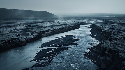 A desolate landscape featuring a winding river through dark, rocky terrain under a moody sky.