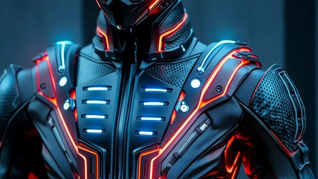 A close-up of a futuristic suit with glowing red and blue lights