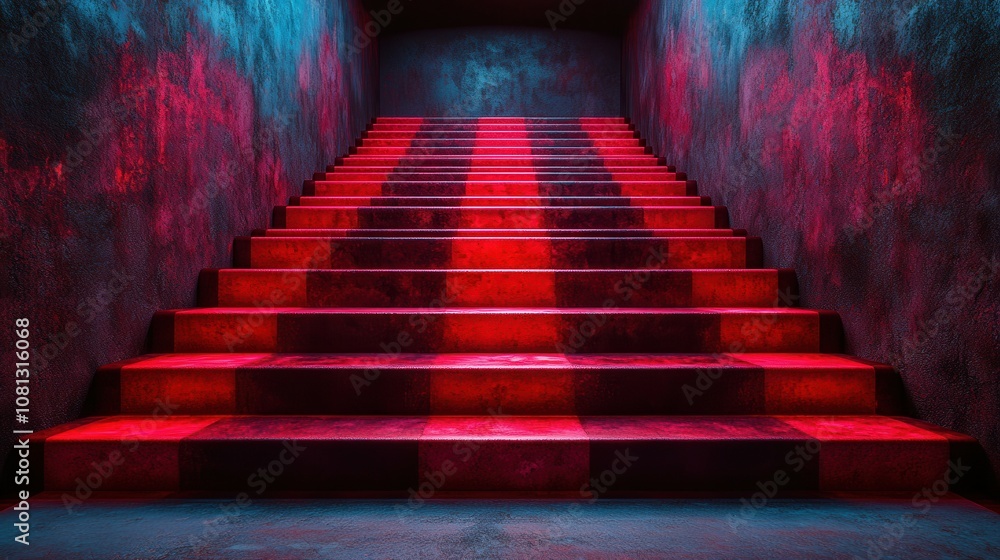 Poster a staircase with alternating red and blue illuminated steps leads upward in a low-lit environment, c