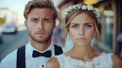 A bride and groom stand closely together, their expressions serious yet emotional, surrounded by a charming city atmosphere just before their wedding ceremony