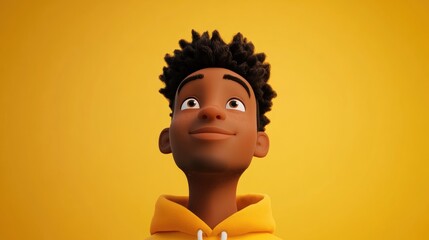 Cheerful African American male student gazing upwards against a vibrant yellow backdrop showcasing positivity and ambition