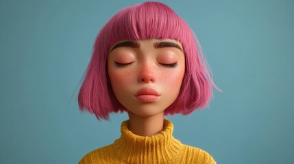 Hispanic woman with pink hair in a casual winter sweater struggling to open her eyes conveying morning fatigue and tiredness