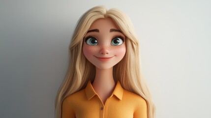 Fototapeta premium Blonde woman with long hair in casual clothing against a white wall representing natural beauty and simplicity