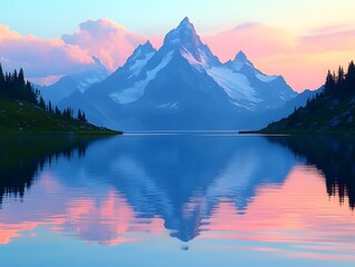 Serene mountain landscape reflecting in calm waters at sunset.