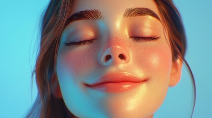 Close up of a joyful young woman in her 20s with natural makeup and closed eyes showcasing a beautiful smile against a soft pastel blue background skincare and beauty concept