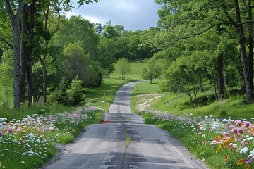 A peaceful country road stretches through a lush landscape filled with vibrant wildflowers under a clear blue sky. The surroundings are alive with greenery and inviting nature