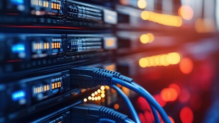Naklejka premium Server rack with blue network cables. This image is perfect for illustrating the concept of data transfer, connectivity, and the internet.
