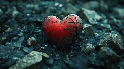 Fototapeta premium A cracked red heart resting on rocky terrain.