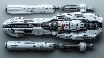 A futuristic spacecraft with a detailed design, featuring a sleek, white body with orange accents. The spacecraft is shown in pieces with a top-down view, 