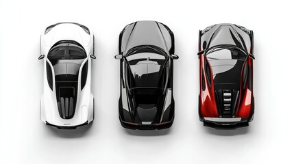 Fototapeta premium Series of sleek sports cars displayed in top view arrangement for automotive design mockup