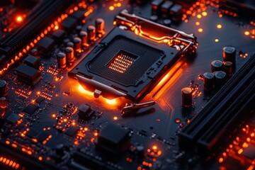 Obraz premium Close-up of a lit up computer motherboard with a glowing processor.