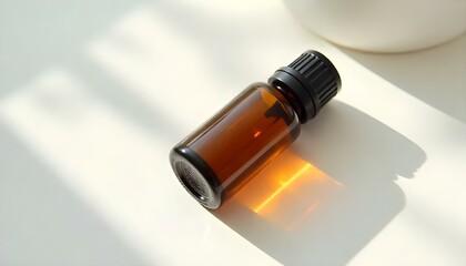 5 ml dark amber essential oil bottle with a polished black cap, lying on a smooth white acrylic sheet, sharp shadows adding depth to the composition.