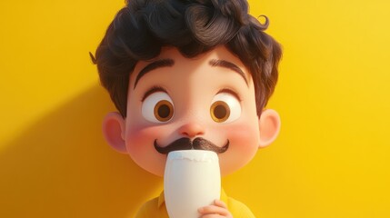 Cute child with a milk mustache making funny faces while drinking milk against a bright yellow background playful studio portrait