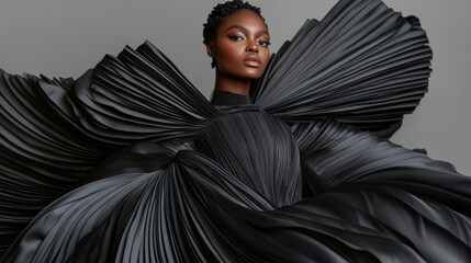 Elegant woman in dramatic black pleated gown exudes confidence and style, AI