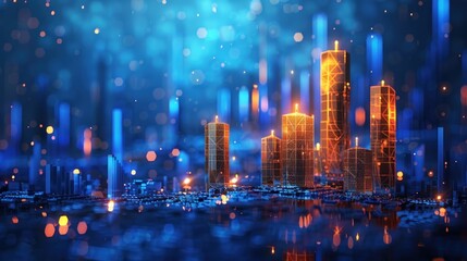 Obraz premium A futuristic cityscape with burning candles, reflecting a warm glow in the blue night.