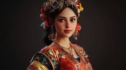 Charming lady in traditional colorful outfit from a mythical 3D world