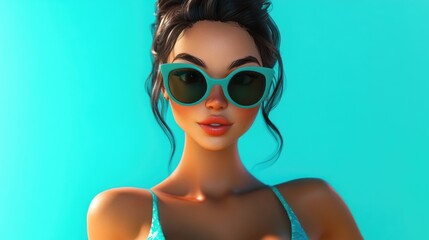 Fototapeta premium Happy beautiful brunette woman wearing a turquoise swimsuit and stylish sunglasses full body portrait on a clean white background