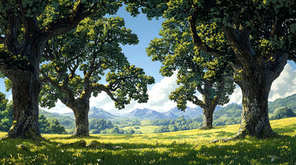 Three large oak trees stand tall in a field, framing a view of a distant mountain range. The sky is blue and the sun is shining.