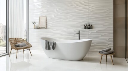 Modern Bathroom with Wavy Tile Wall and Freestanding Tub