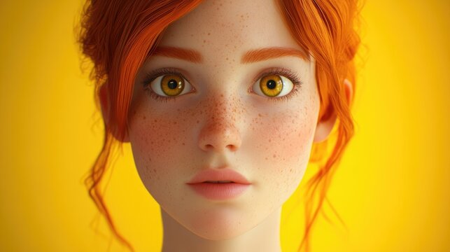 Indoor studio portrait of a young ginger haired woman with freckles gazing somberly into the camera vibrant yellow orange backdrop