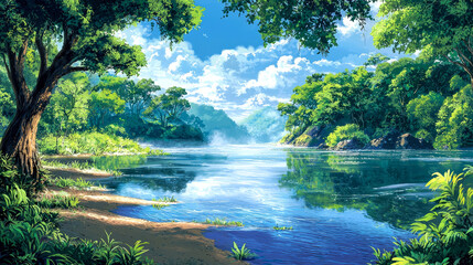 Obraz premium Tranquil river scene with lush green trees and blue sky.