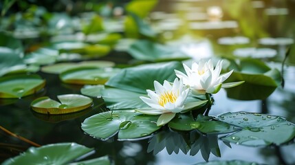 A serene pond with blooming white water lilies surrounded by green leaves and gentle reflections.