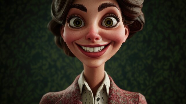 Close up of an attractive middle aged woman beaming with a toothy smile in a stylish blazer against a dark backdrop ideal for professional profiles or marketing materials