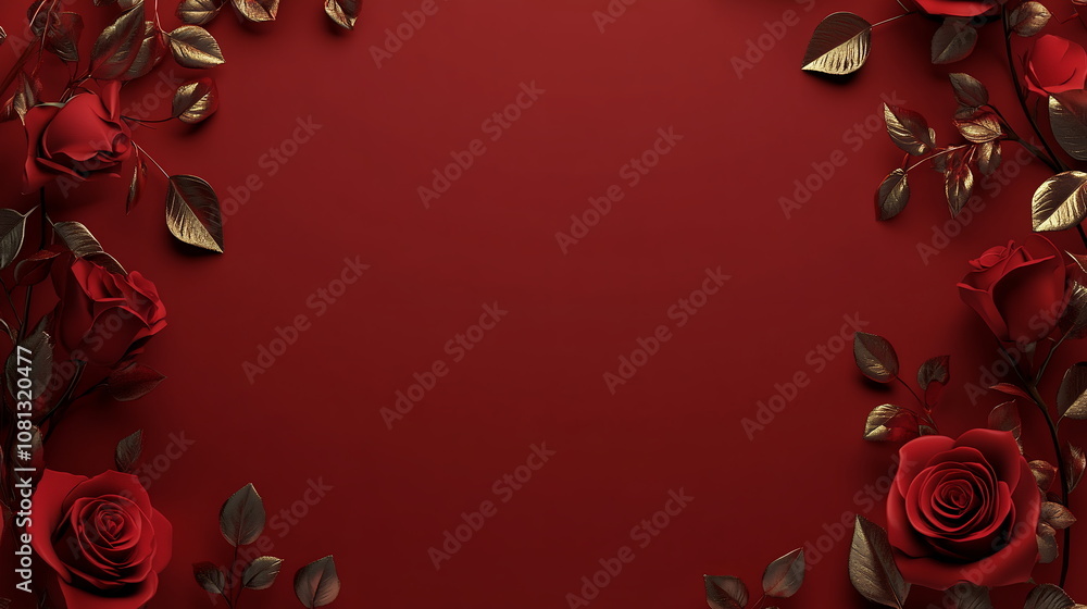 Fototapete deep red valentine's day scene with faint outlines of roses and kisses around the border, leaving a 