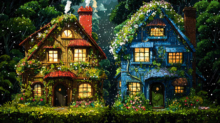 Two quaint houses, one brown and one blue, stand side-by-side in a lush, green forest with snow falling. The houses have windows and doors, and the forest is filled with trees and plants.
