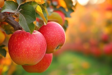 Obraz premium Close-up of ripe red apples hanging on a tree branch with green leaves in an orchard during autumn.