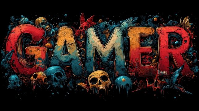 Design with the word "GAMER" with colorful gaming elements, game controllers and skulls. The background is black