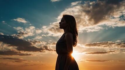 Silhouette of a confident young woman standing in the sunset,  panoramic background