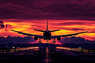 Airplane Landing at Sunset	