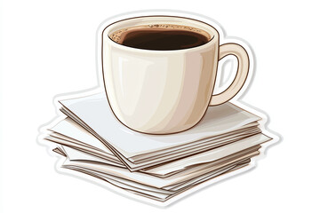 Flat cutout vector sticker of coffee mug on stack of papers representing work from home desk setup, isolated on white background.