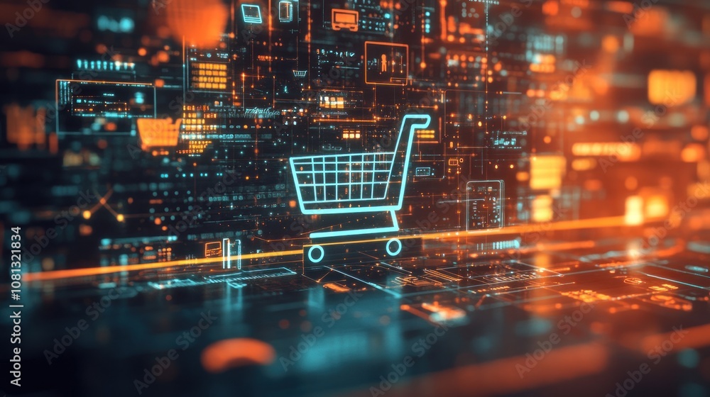 Poster a glowing shopping cart icon on a digital background with lines and code, representing online shoppi