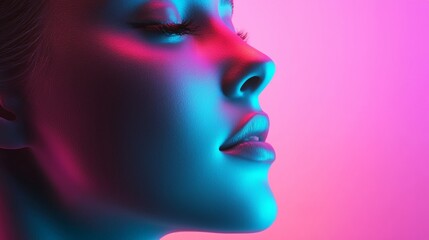 Obraz premium Profile of Woman's Face in Neon Lighting