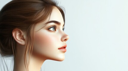 Fototapeta premium Beauty profile of a young woman showcasing healthy skin and natural makeup elegantly posing in side view against a white background