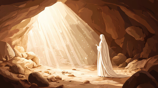Saint bernadette of lourdes at grotto, witnessing apparition of virgin mary, biblical illustration, beige background, copyspace. Phantasm. Illustration