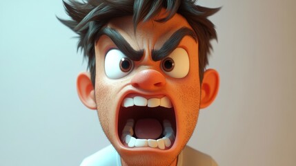 Intense portrait of a young man screaming furiously showcasing stress and anger against a plain white background