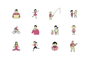 Collection of Outline Vector Art Illustrations – Man and Woman in Various Activities on White Background
