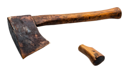 Wooden rusty axe on a transparent background. isolated background.