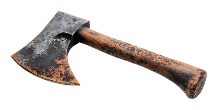 Wooden rusty axe on a transparent background. isolated background.