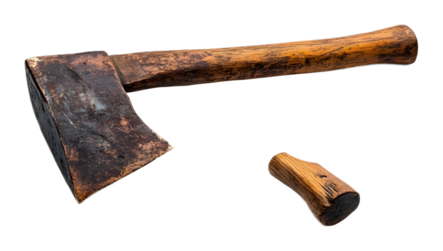 Wooden rusty axe on a transparent background. isolated background.