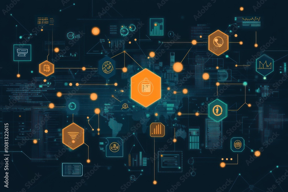 Poster abstract digital network with icons, lines and world map on a dark background.