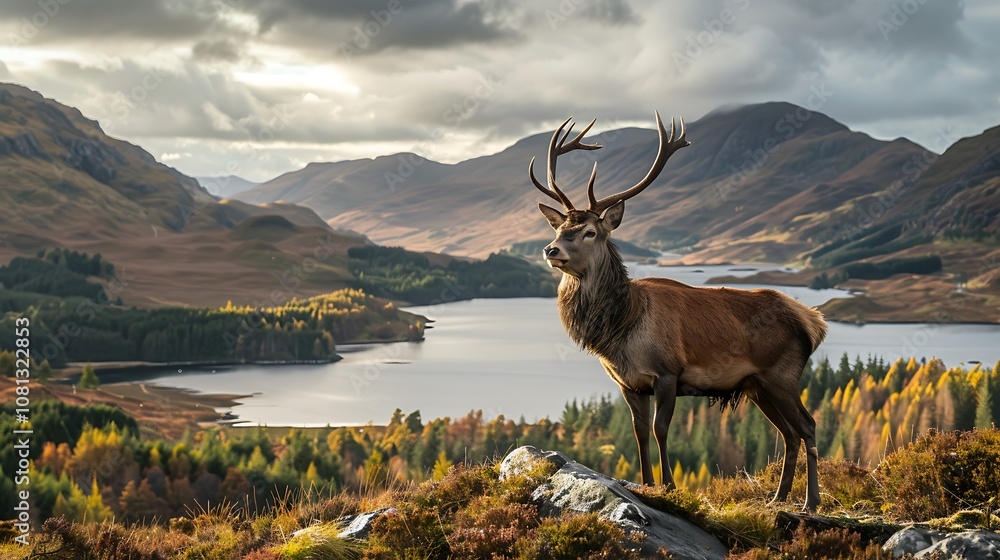 Canvas Prints A majestic stag stands on a rocky outcrop, overlooking a serene lake surrounded by autumnal landscapes.