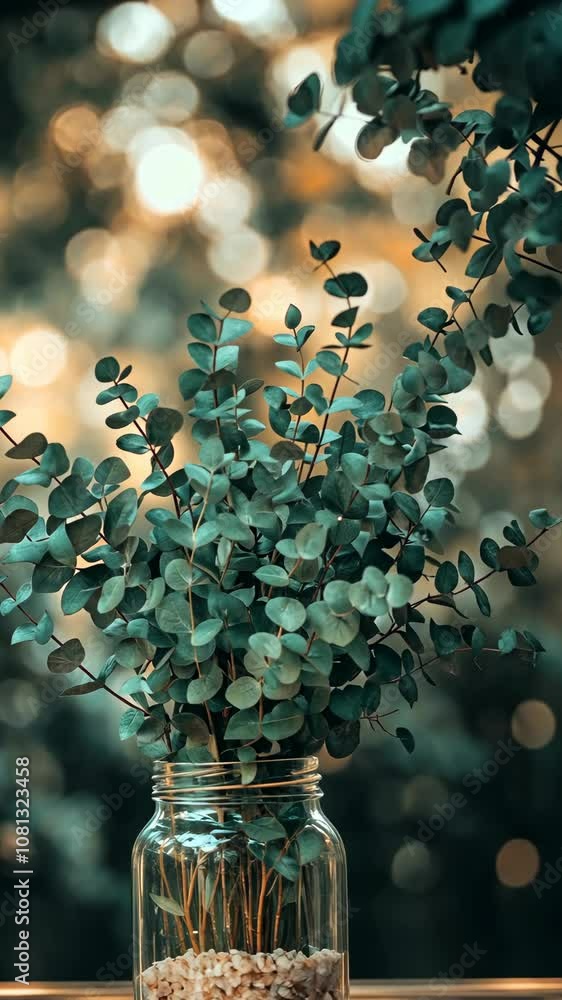 Poster a vase of eucalyptus sits on a table in front of a window with a blurry background of greenery