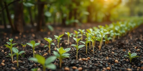 Coffee bean seedlings growing in beautiful green nature background, symbolizing growth and sustainability, environment, sustainable, concept