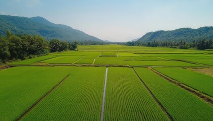 Fototapeta premium A drone view of a large rice paddy field, Rice Farming, Vast and organized