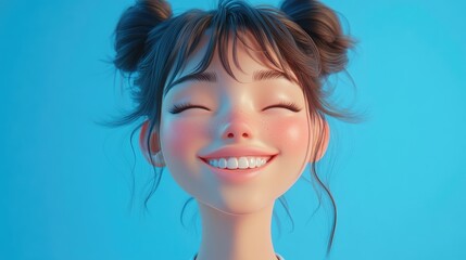 Close up of a joyful young woman in her 20s with natural makeup and closed eyes showcasing a beautiful smile against a soft pastel blue background skincare and beauty concept