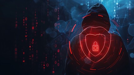 A hooded figure with a shield icon represents cybersecurity and digital protection.